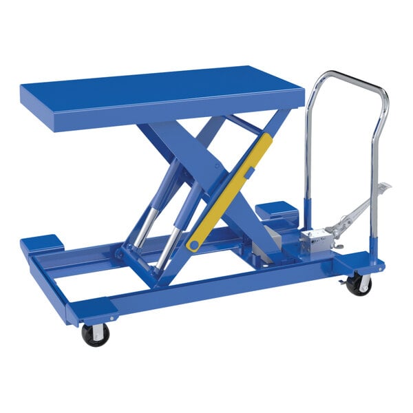 A blue rectangular Vestil hydraulic scissor lift cart with wheels.