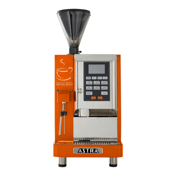 An orange and white Astra A2000 bean to cup coffee machine.