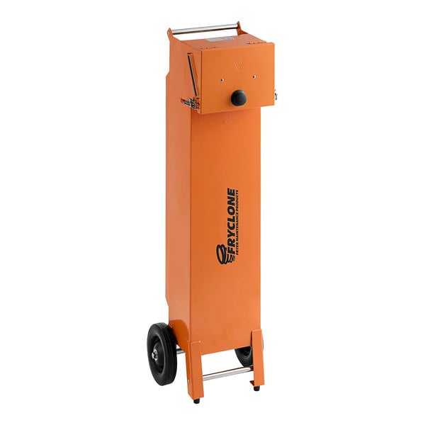 An orange Fryclone fryer oil shuttle box on wheels.