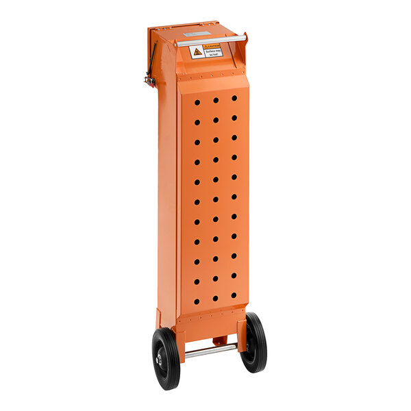 An orange Fryclone oil shuttle cart with black wheels.
