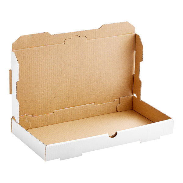 A white cardboard bakery box with a lid open.