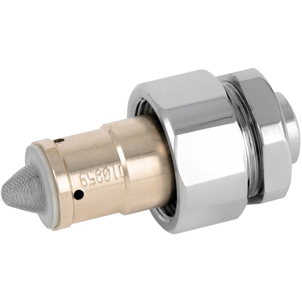 A chrome plated brass T&S floor mounted foot pedal metering cartridge.