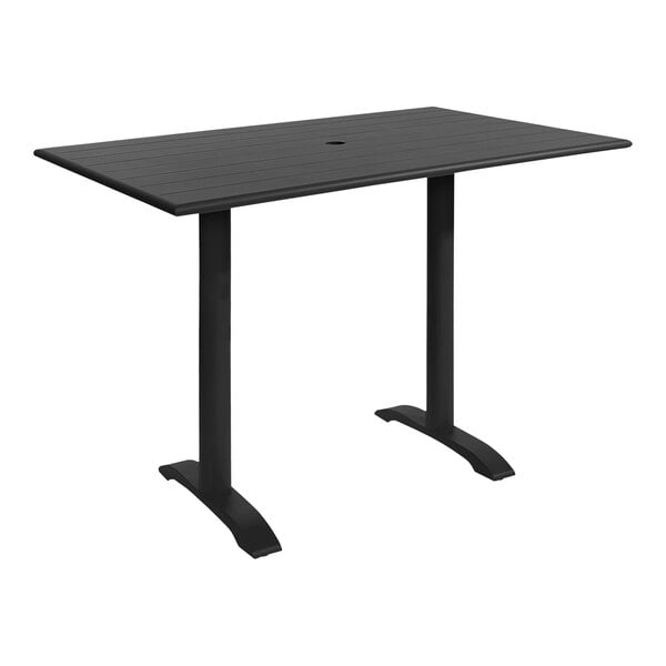 A black rectangular BFM Seating aluminum table with a cross base and umbrella hole.