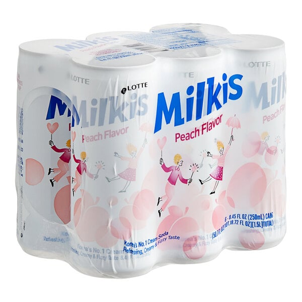 A case of 30 Milkis Peach Milk Soda cans on a white background.