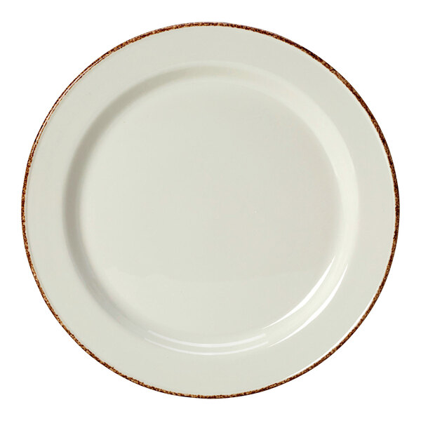 A white porcelain plate with brown speckled rim.