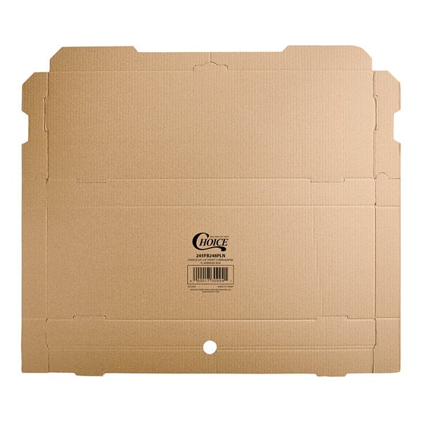 A Kraft cardboard flatbread bakery box with a label on the lid.