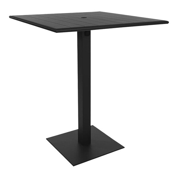 A black square BFM Seating Beachcomber-Margate bar height table with a square base.