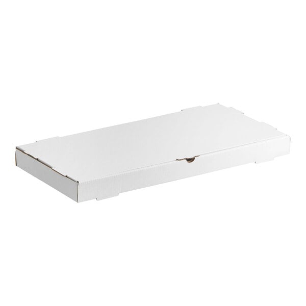 A plain white corrugated bakery box measuring 24 by 12 by 2 inches.