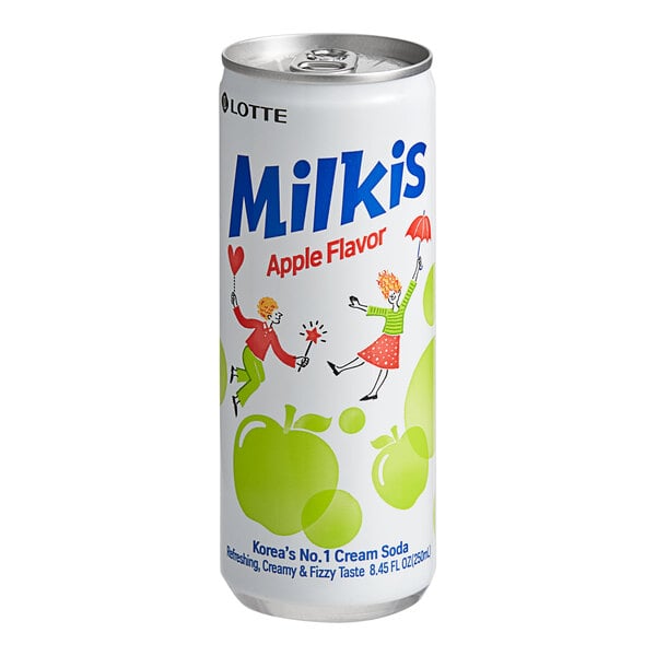 A close-up of a Milkis Apple Milk Soda can with a white label.