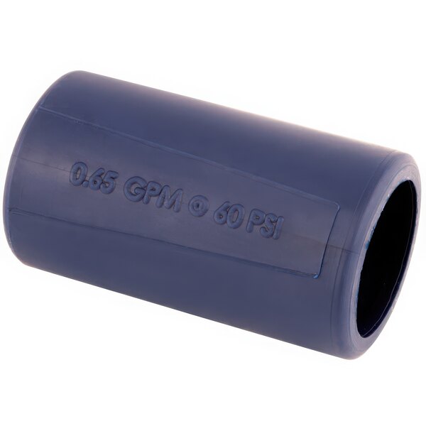 A blue plastic T&S faucet shield and bumper with white text.