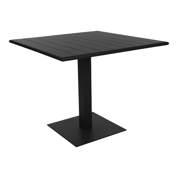 A BFM Seating black aluminum square table with a metal base.