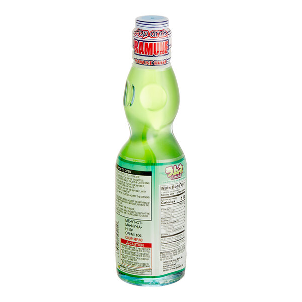 A green Hana Ramune Plum Soda bottle with a green lid.