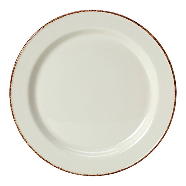 A white porcelain plate with a brown speckled rim.