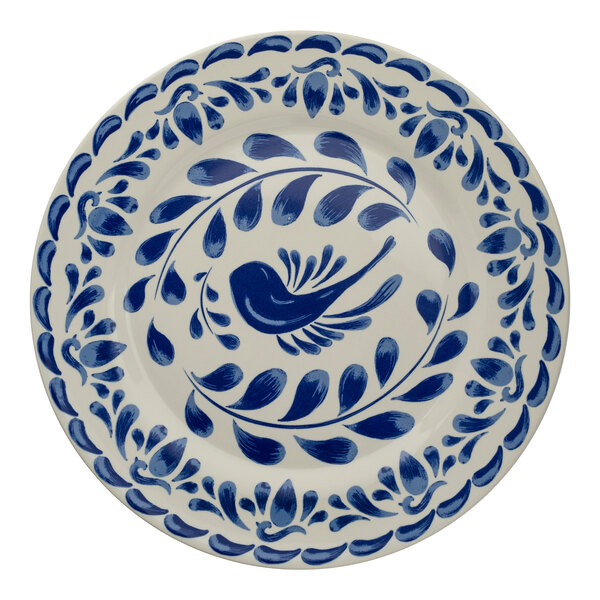 A round ceramic plate with a blue hand-painted bird and leaf pattern on a white background.