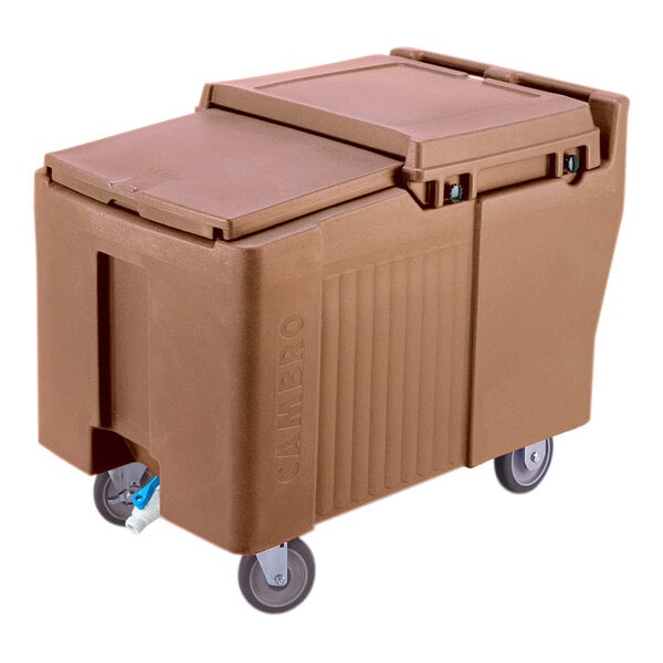 A large, brown, rectangular mobile bin with a sliding lid and four wheels.