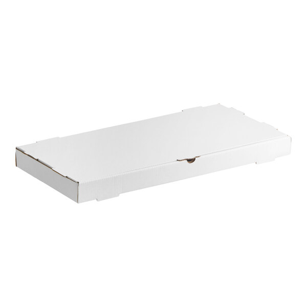 A plain white corrugated flatbread box measuring 24 by 12 by 2 inches.