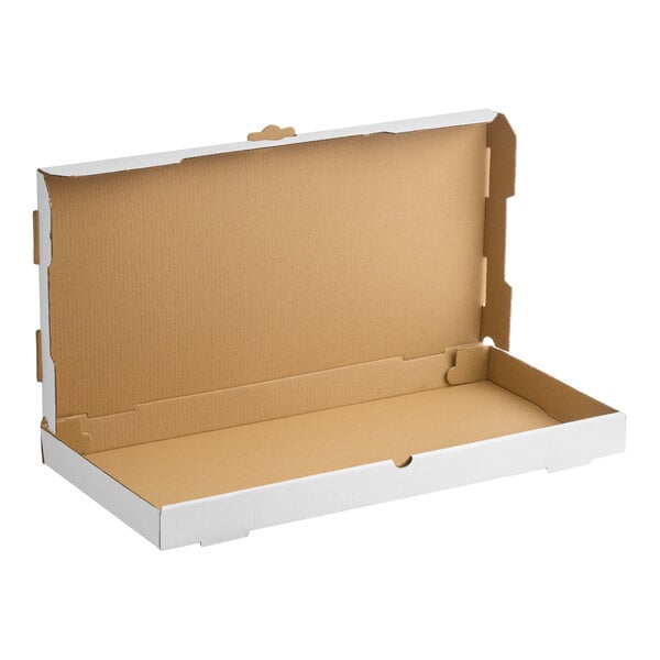 A large, white corrugated flatbread box with an open lid.