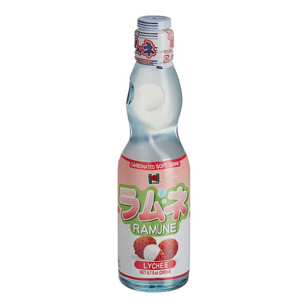 A plastic bottle of Hana Ramune Lychee Soda with a label in Japanese.