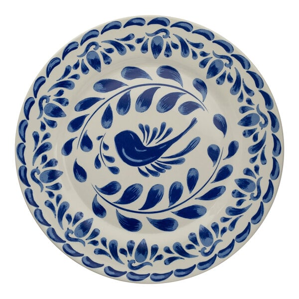 A round ceramic plate with a blue hand-painted bird and leaf pattern on a white background.
