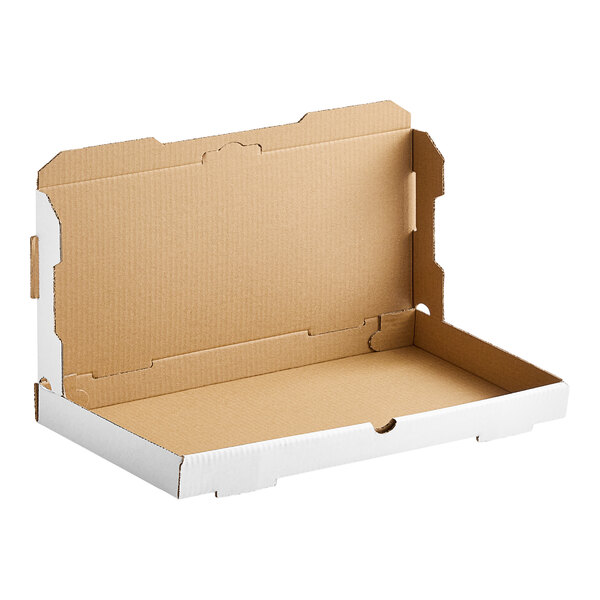 A white corrugated flatbread box with the lid open.