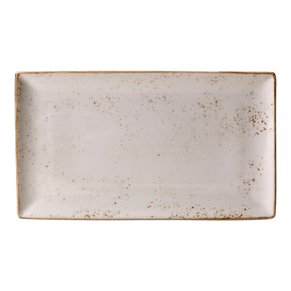 A Steelite Performance Craft white rectangular tray with brown specks.