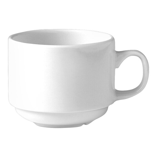 A close-up of a Steelite Distinction Monaco Vogue white cup with a handle.