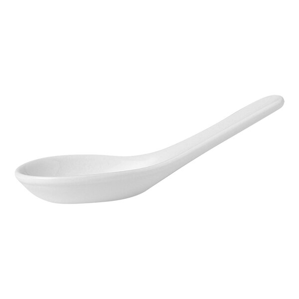 A Steelite Distinction Monaco Vogue Oriental soup spoon with a white handle.