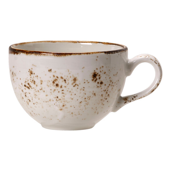 A white Steelite Performance Craft low cup with brown speckles.