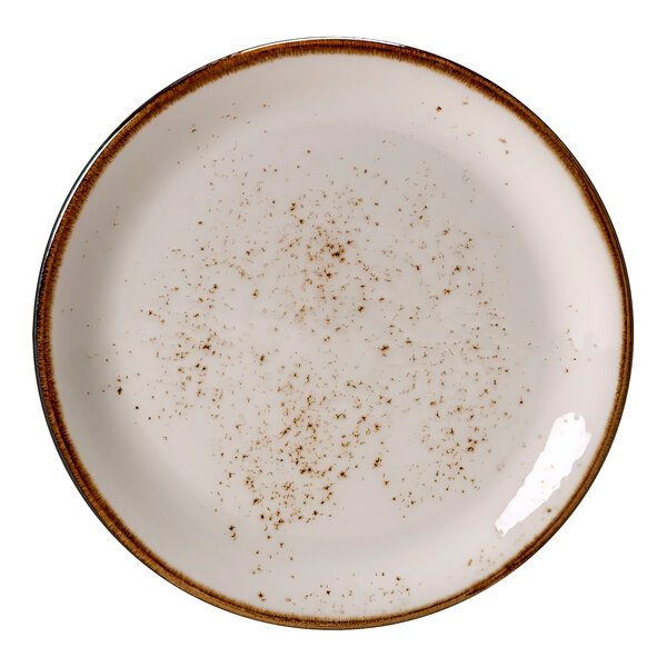 A Steelite Performance Craft white coupe plate with brown specks.