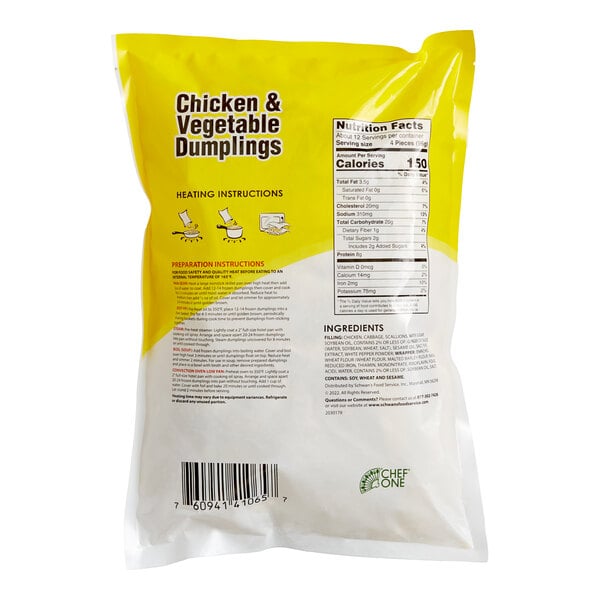 A bag of Chef One Chicken and Vegetable Dumplings with a label and numbers.