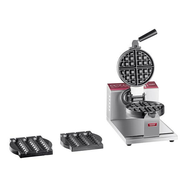 A black Estella Belgian waffle maker with waffles on a stick.
