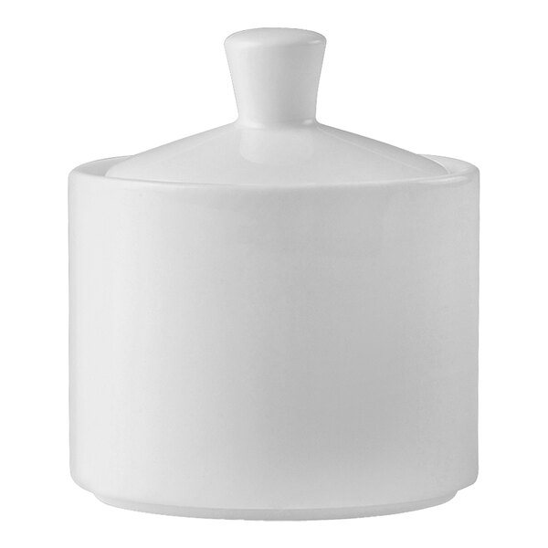 A white Steelite Distinction Monaco lid for a sugar pot.