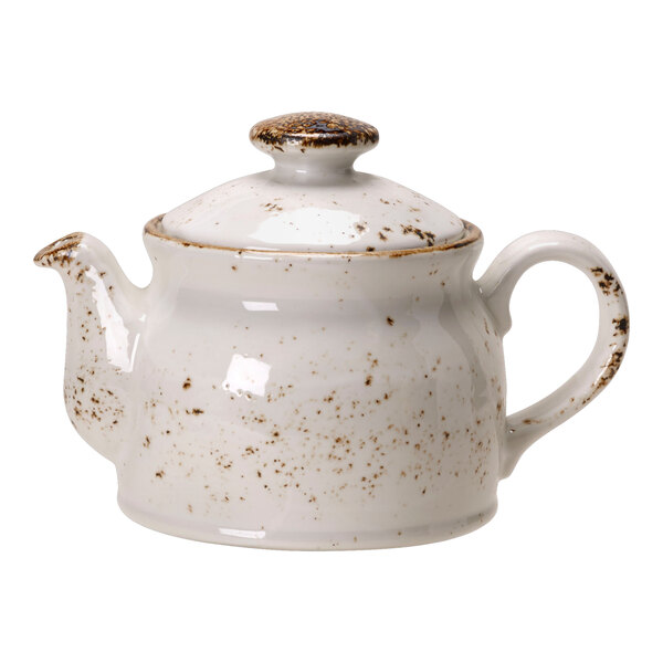 A white Steelite Performance Craft teapot with brown specks.