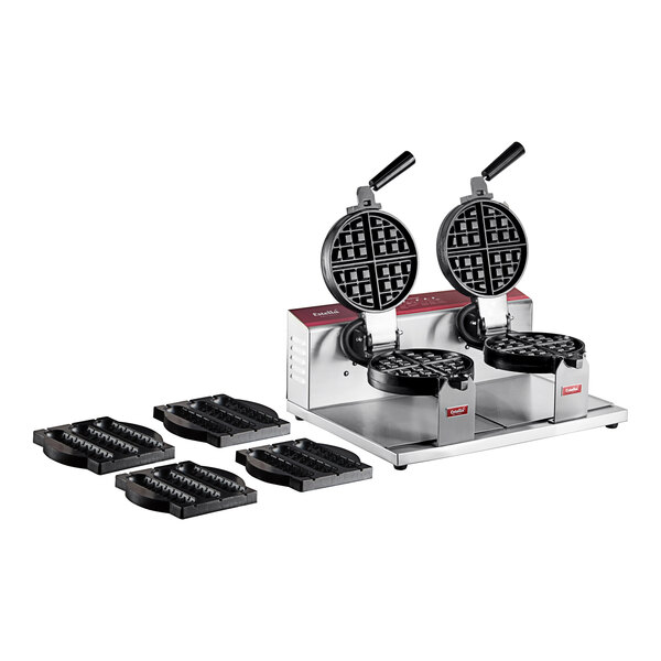 A black Estella double Belgian waffle maker with two waffles on a stick plates.