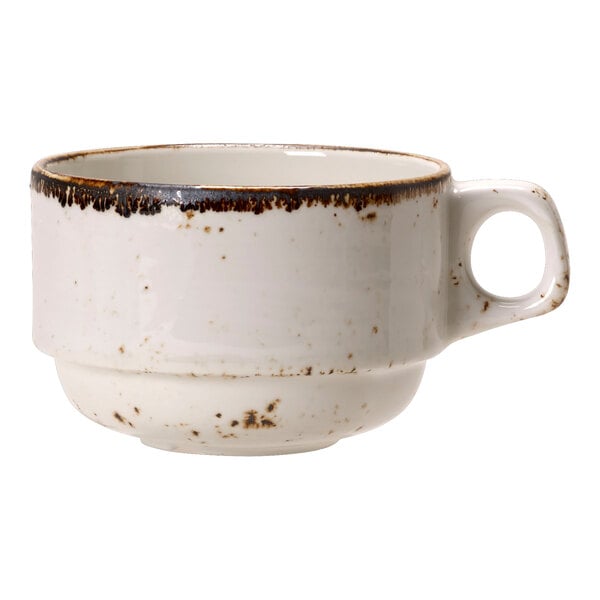 A white Steelite Performance Craft coffee cup with brown speckles.