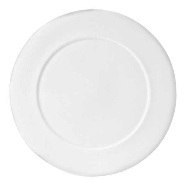 A white Steelite Distinction Monaco presentation plate with a round edge.