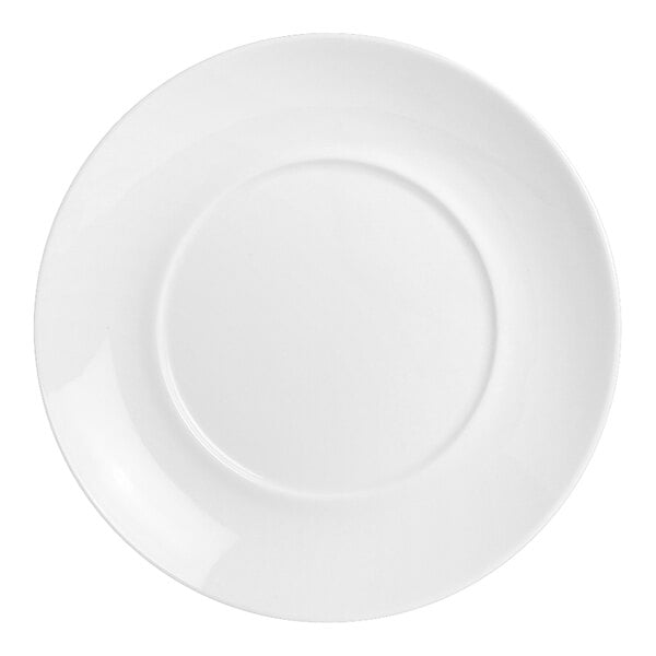 A white saucer with a circular design on the edge.