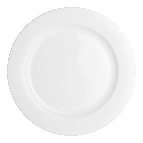 A Steelite Monaco flat rim plate with a white border.