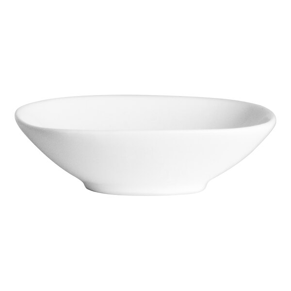 A white oblong dish with a handle.