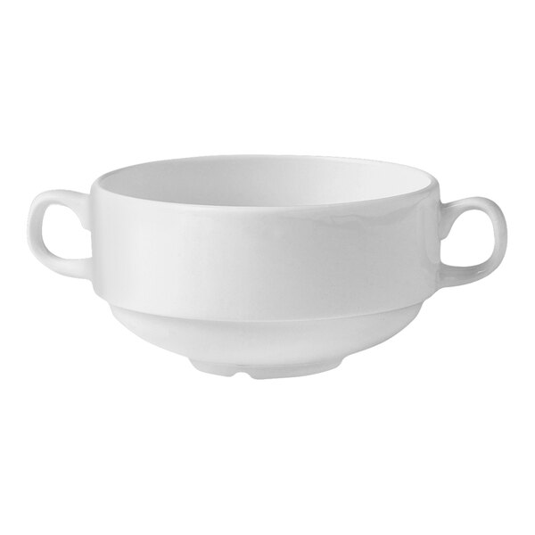 A white bowl with two handles on a white background.