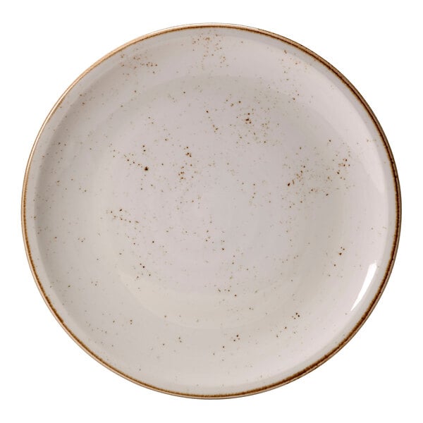 A white Steelite Performance Craft pizza plate with brown speckles.