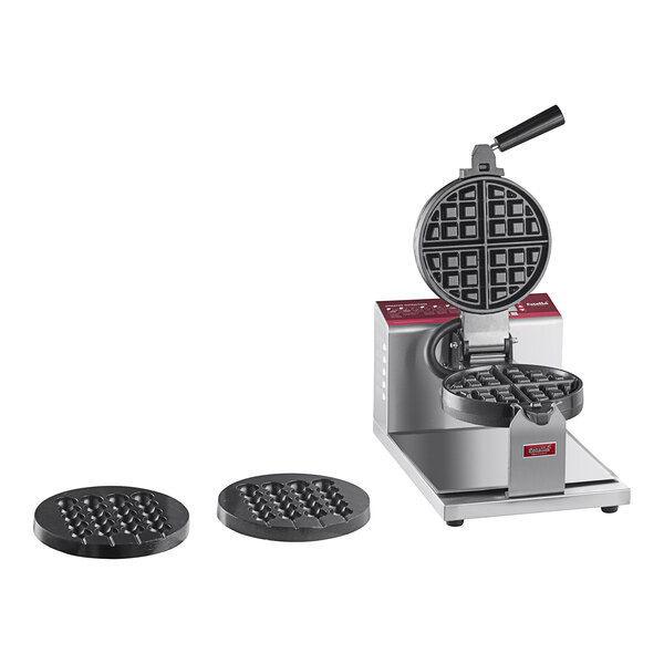 An Estella commercial waffle maker with bubble waffle on a stick plates.
