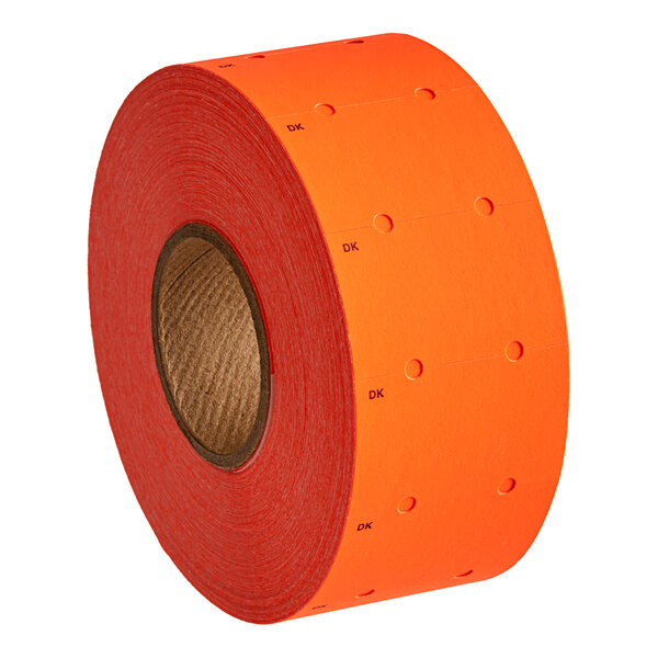 A roll of orange paper labels with white backing.