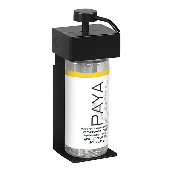 A black Dispenser Amenities wall mounted shower dispenser with a white oval Paya label.