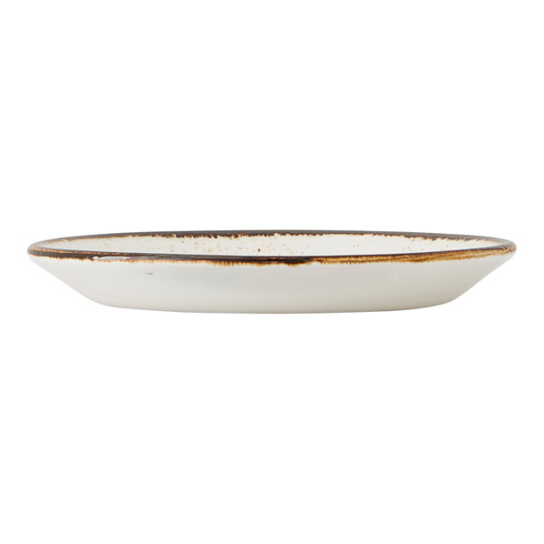 A white slimline double well saucer with a brown rim.