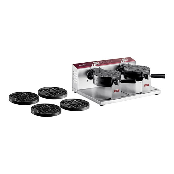 A Estella double Belgian waffle maker with mini and regular waffle plates on a counter.