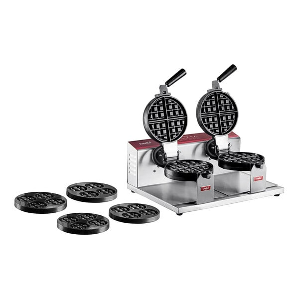 A Estella double Belgian waffle maker on a counter with mini waffle plates.
