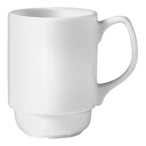 A close-up of a Steelite Distinction Monaco Vogue white mug with a handle.