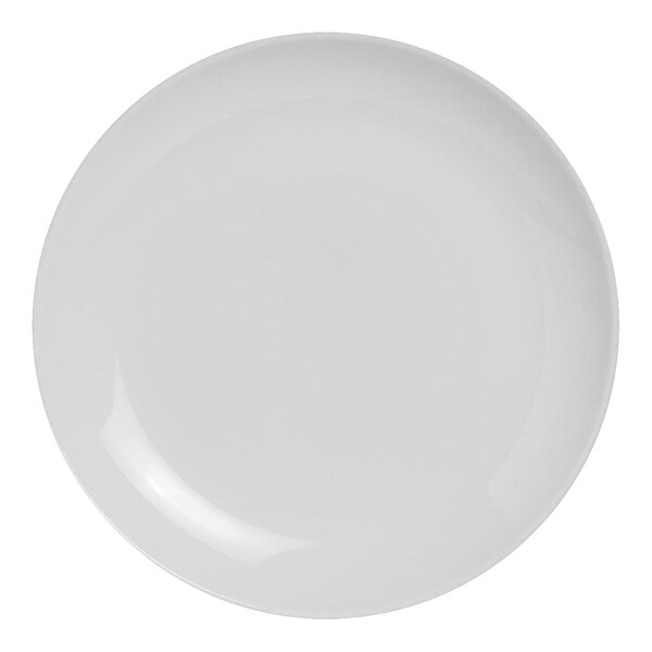 A white plate with a round rim.