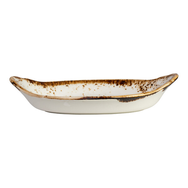 A white oval dish with brown edges.